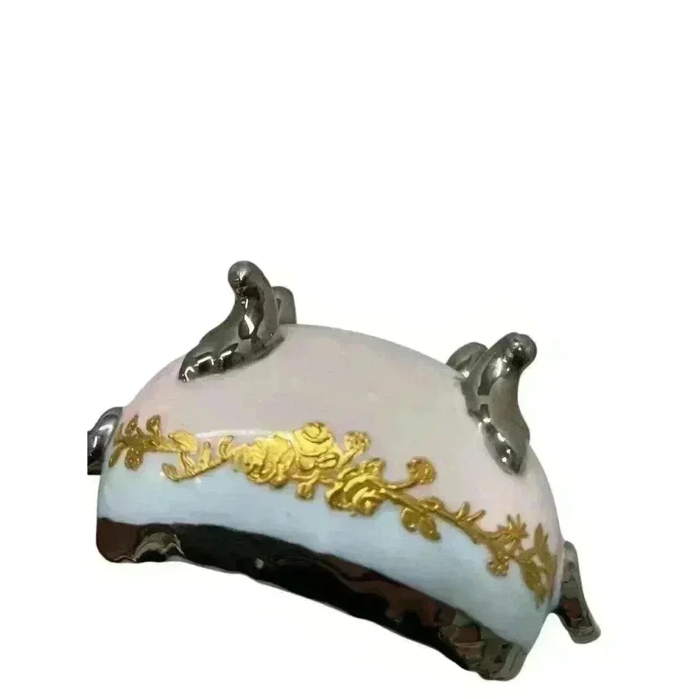 Vintage T&V Limoges Hand Painted Roses Candy Dish RARE Pink/Blue/Gold/Silver
